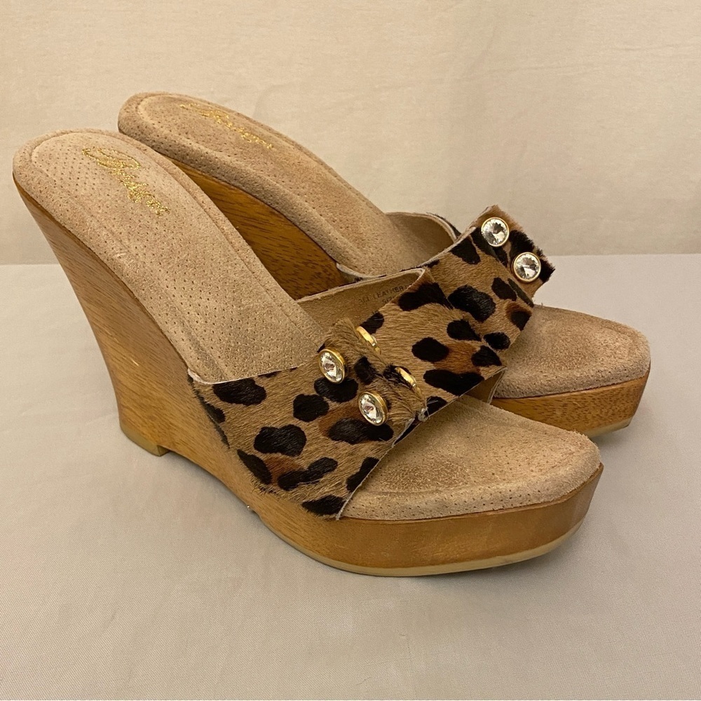 Bridget Glitz Wood Platform Sandals Animal Print Rhinestones Leather Shoes Sz 8 - Picture 11 of 12